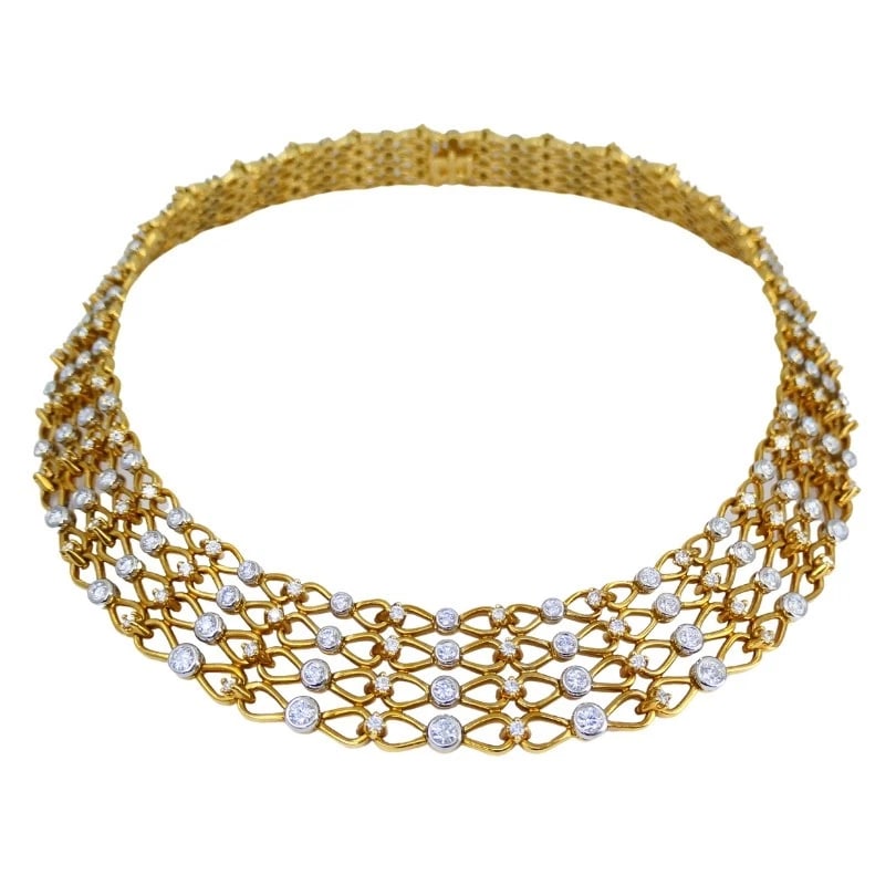 Vintage Tiffany & Co. Collar NECKLACE Gold Platinum Diamond Estate Jewelry: Title: Vintage Tiffany & Co. Collar NECKLACE Gold Platinum Diamond Estate Jewelry Description: ATFFANY 18 karat Yellow old Platinum Diamond Necklace This vintage Tiffany & Co. necklace is designed in