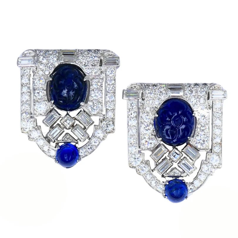 Vintage FRENCH Platinum Diamond CLIPS Carved Sapphire Estate Jewelry: Title: Vintage FRENCH Platinum Diamond CLIPS Carved Sapphire Estate Jewelry Description: A Pair of Vintage French Platinum Sapphire Diamond Clips A pair of vintage French platinum diamond clips, featu