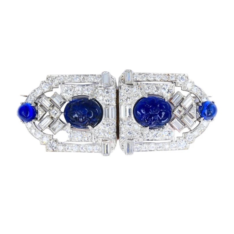 Vintage FRENCH Platinum Diamond CLIPS Carved Sapphire Estate Jewelry - 2