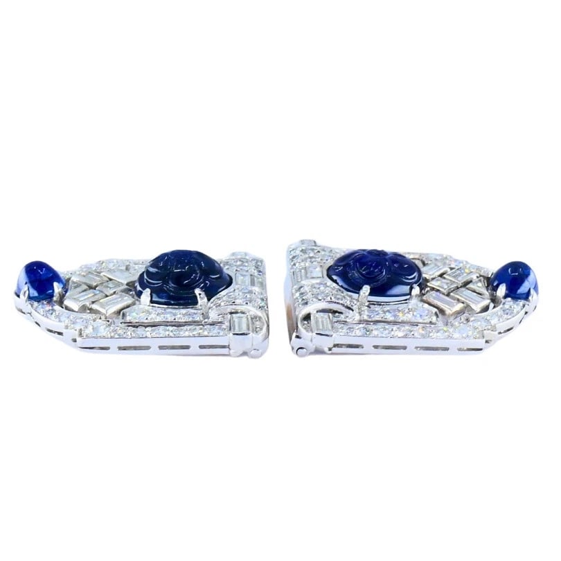 Vintage FRENCH Platinum Diamond CLIPS Carved Sapphire Estate Jewelry - 3