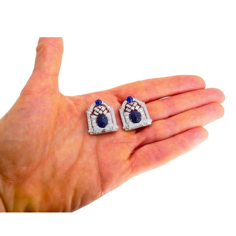 Vintage FRENCH Platinum Diamond CLIPS Carved Sapphire Estate Jewelry - 5