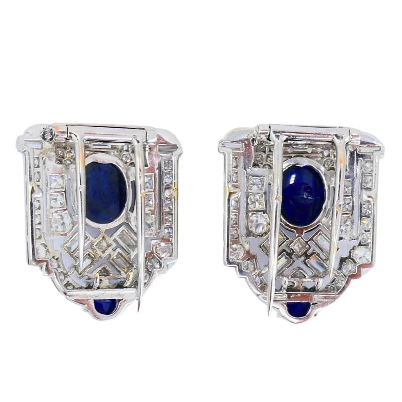 Vintage FRENCH Platinum Diamond CLIPS Carved Sapphire Estate Jewelry - 6