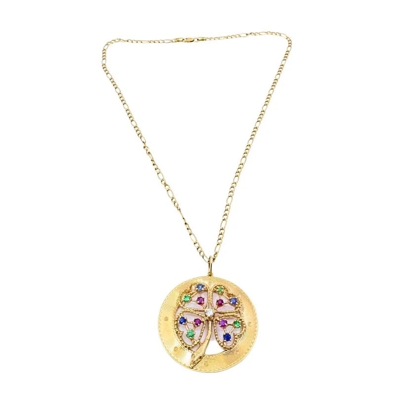 14K Gold Gemstones Clover Pendant Necklace - 4
