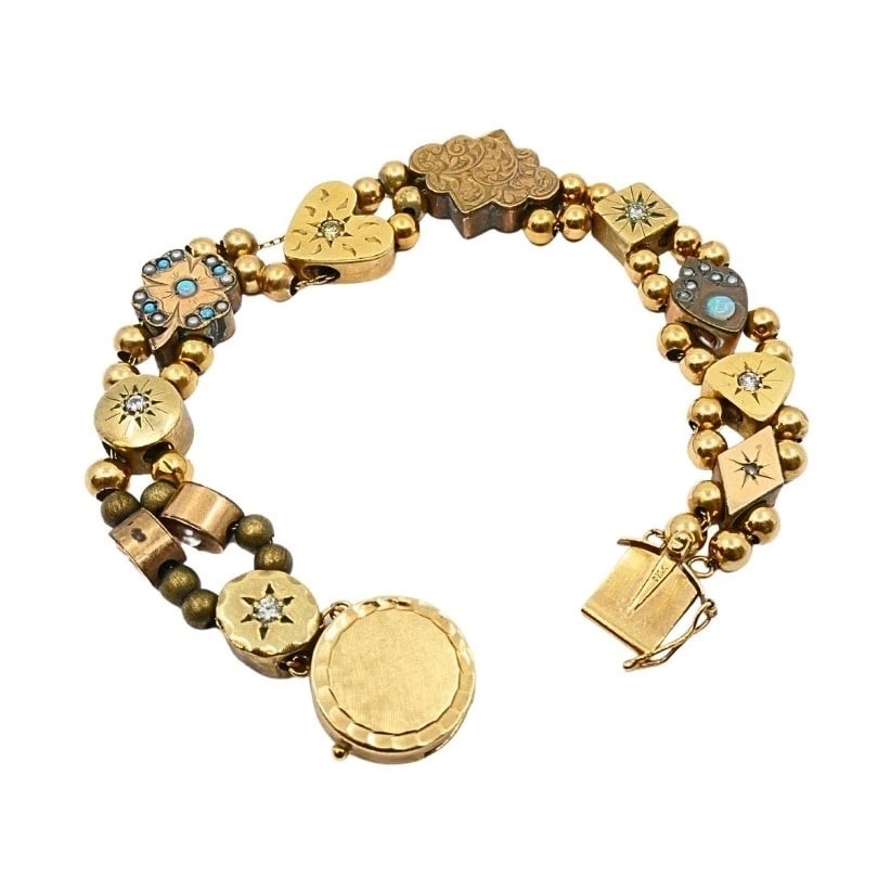 Antique 14k Gold Slide Bracelet Gemstones - 8