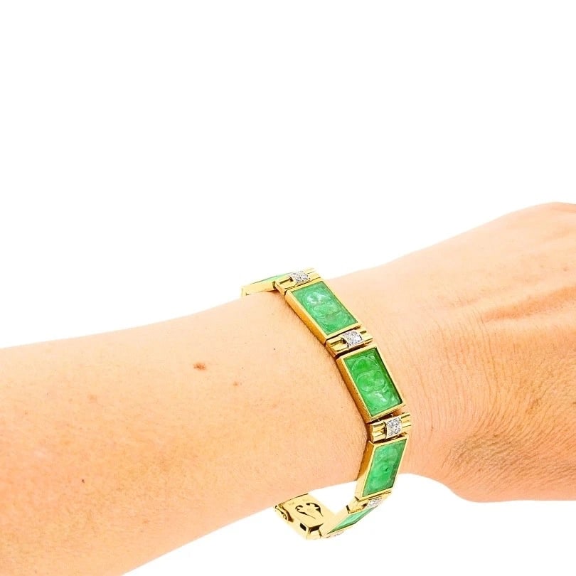 Vintage 18k Gold Jade Diamond Bracelet - 4