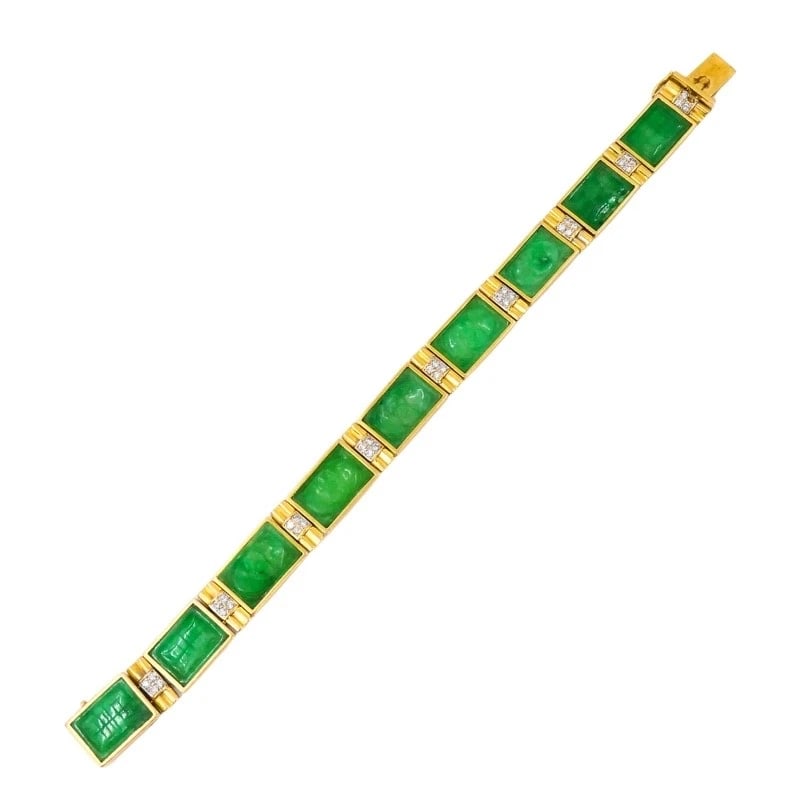 Vintage 18k Gold Jade Diamond Bracelet - 5