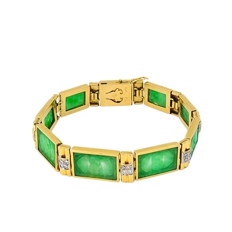 Vintage 18k Gold Jade Diamond Bracelet - 8