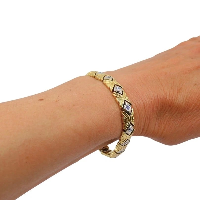 Two-Tone 14k Gold Diamond Link Bracelet Vintage Jewelry - 4