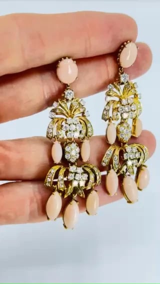 Vintage Angel Skin Coral Dangle EARRINGS 18k Gold Diamond Estate Jewelry - 2