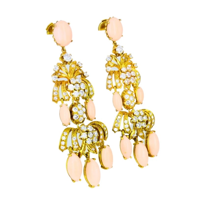 Vintage Angel Skin Coral Dangle EARRINGS 18k Gold Diamond Estate Jewelry - 6