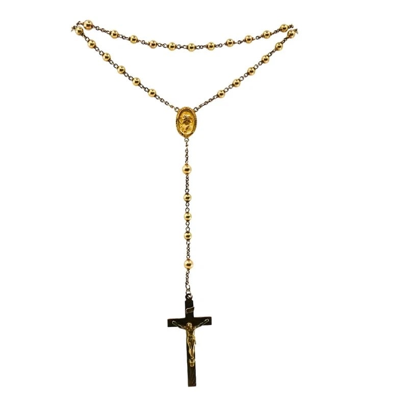 Vintage 10k Gold Beaded Rosary Necklace Medallion & Crucifix: Title: Vintage 10k Gold Beaded Rosary Necklace Medallion & Crucifix Description: ROO Product details: DESNER: nknown CRCA: Mid-20th Century MATERALS: 10k old WEHT: 21.8 rams MEASREMENTS: