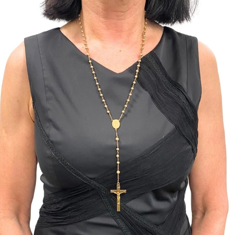 Vintage 10k Gold Beaded Rosary Necklace Medallion & Crucifix - 2