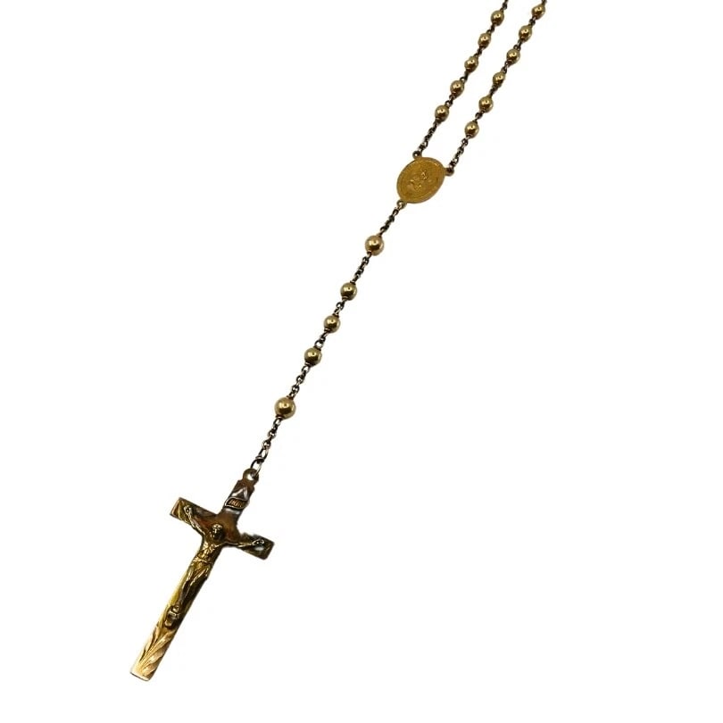 Vintage 10k Gold Beaded Rosary Necklace Medallion & Crucifix - 3