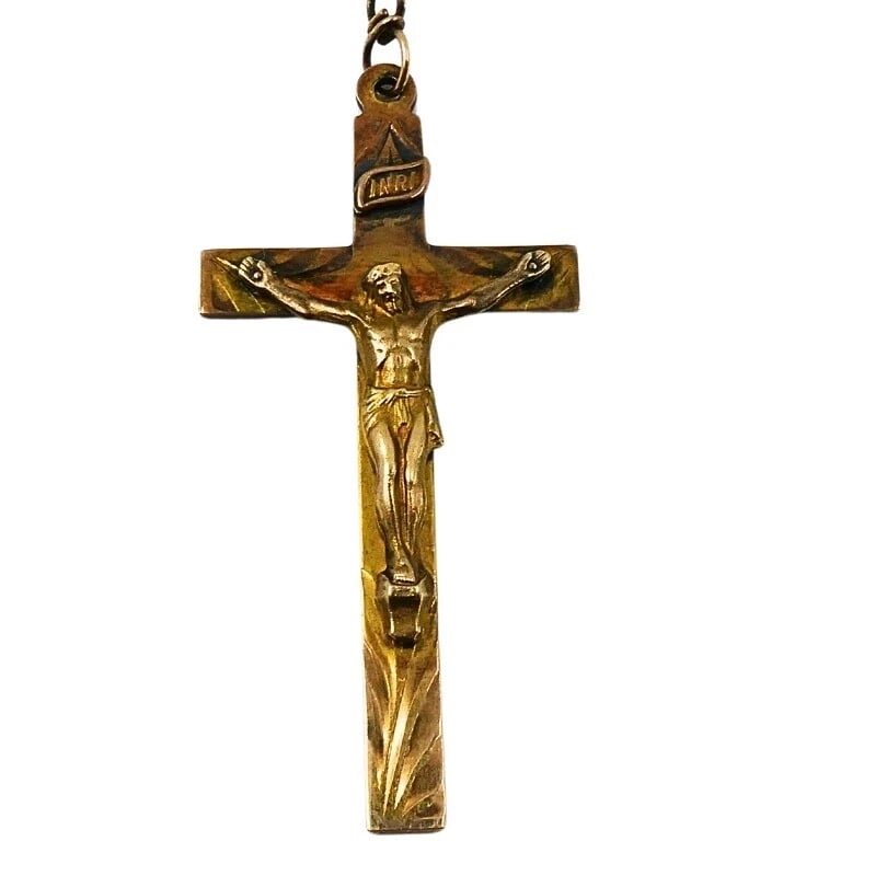 Vintage 10k Gold Beaded Rosary Necklace Medallion & Crucifix - 6