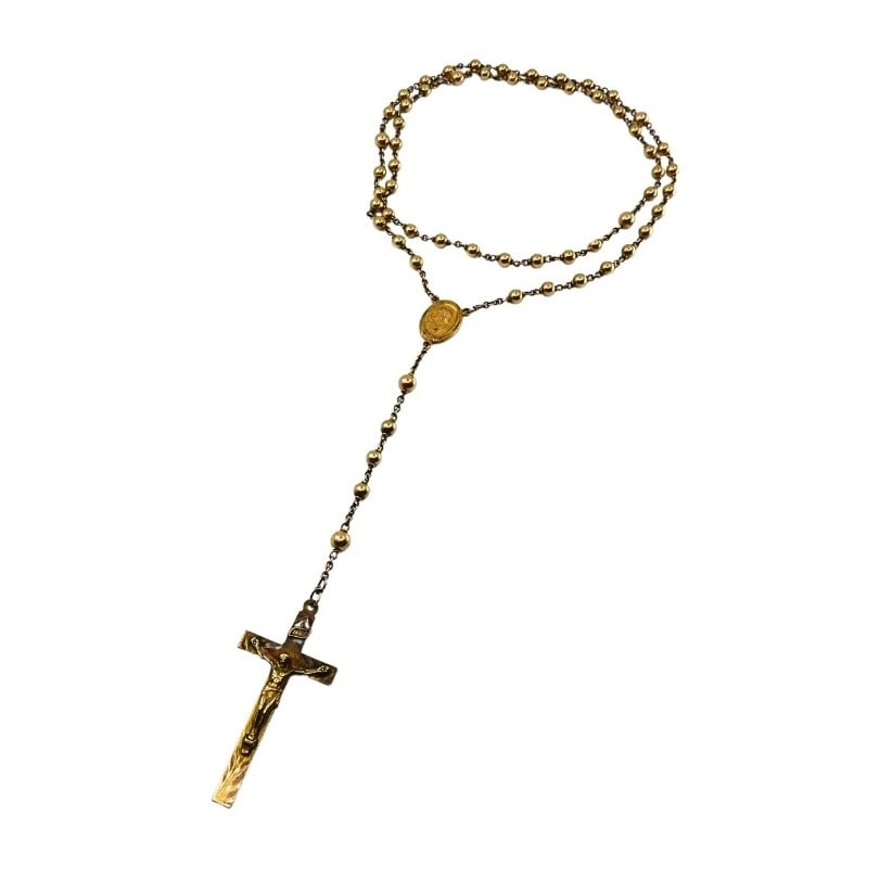 Vintage 10k Gold Beaded Rosary Necklace Medallion & Crucifix - 8