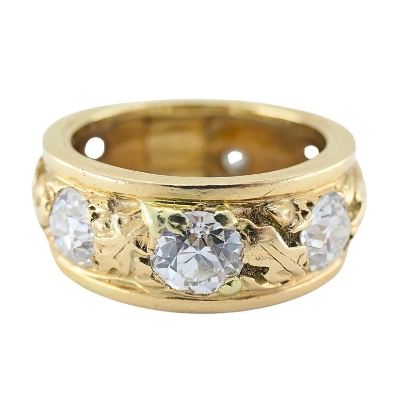 Vintage Diamond Band 14k Gold Leaf Motif Ring - 4