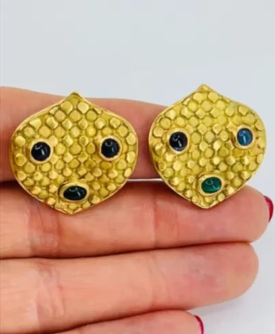 Vintage French EARRINGS 18k Gold Emerald Sapphire France Clip-On Esate Jewelry - 2