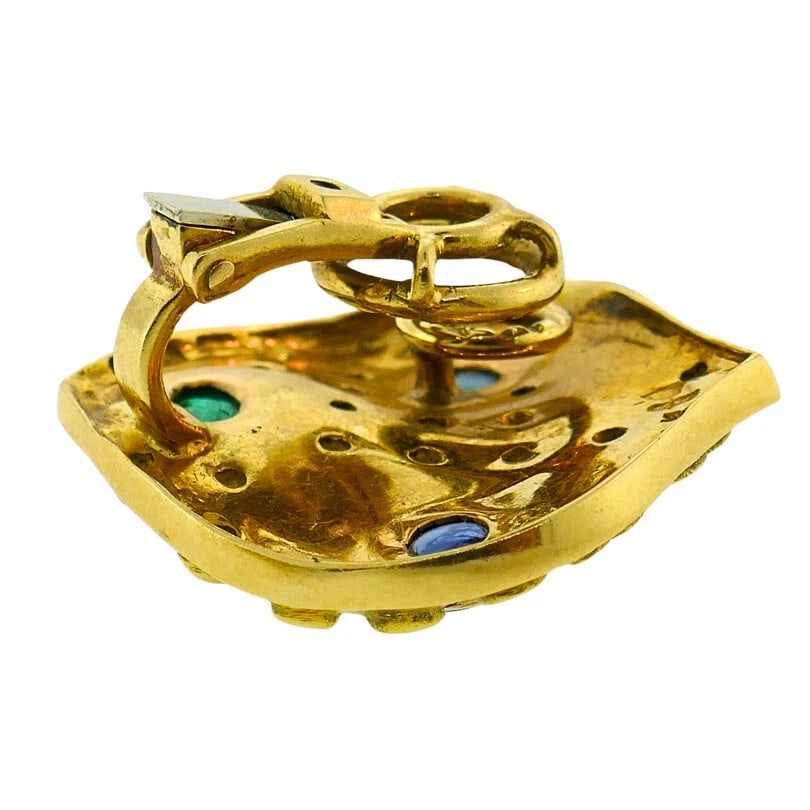 Vintage French EARRINGS 18k Gold Emerald Sapphire France Clip-On Esate Jewelry - 6