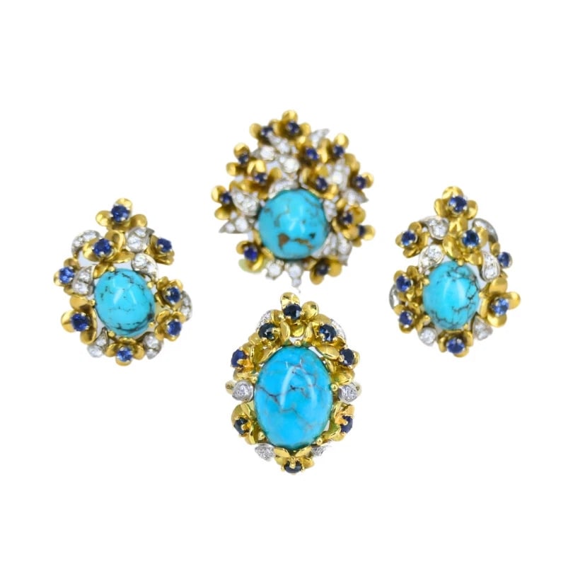 Kern JEWELRY SET Turquoise Cabochon Sapphire Diamond Estate Jewelry - 5