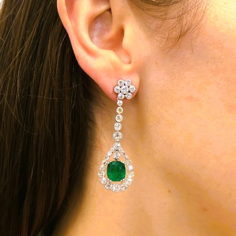 Art Deco Drop EARRINGS Platinum Diamond Emerald Cushion Cut Estate Jewelry - 3
