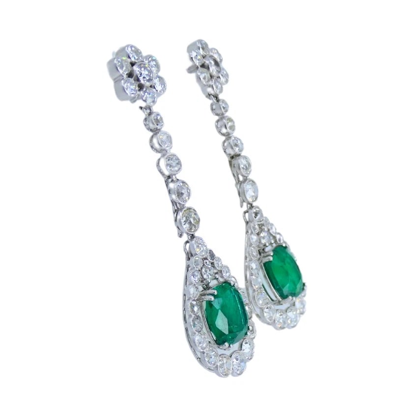Art Deco Drop EARRINGS Platinum Diamond Emerald Cushion Cut Estate Jewelry - 5