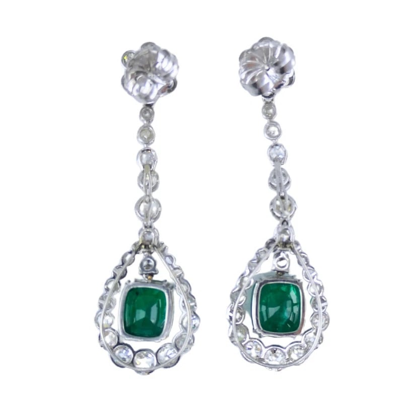 Art Deco Drop EARRINGS Platinum Diamond Emerald Cushion Cut Estate Jewelry - 6