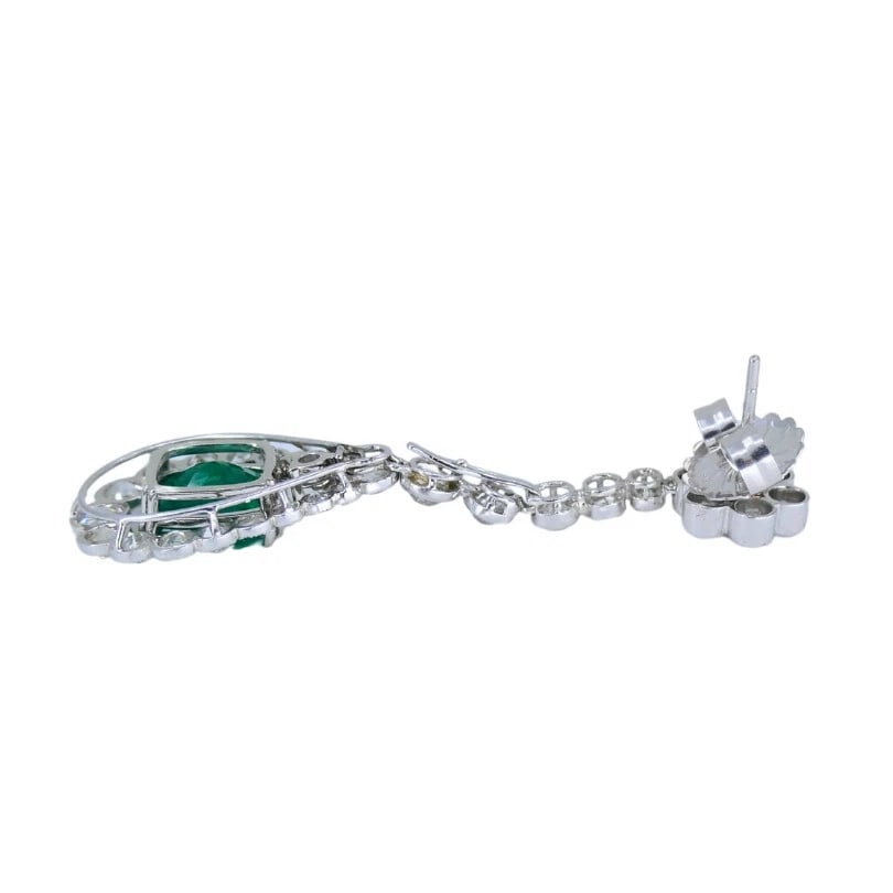 Art Deco Drop EARRINGS Platinum Diamond Emerald Cushion Cut Estate Jewelry - 7