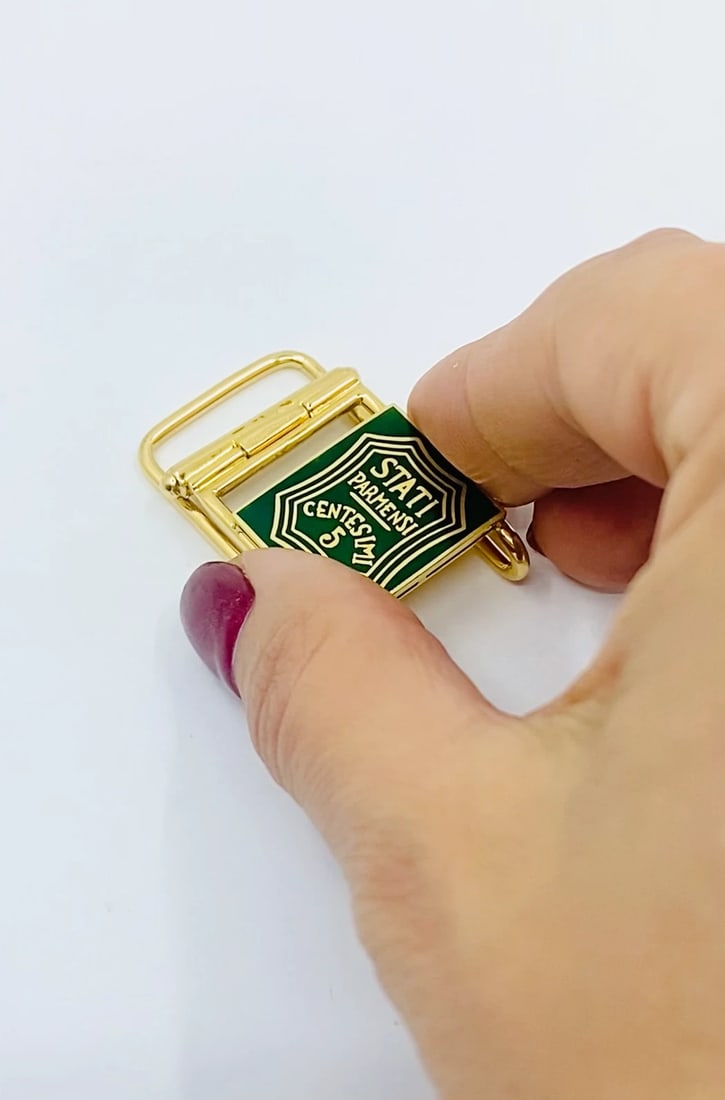 Vintage Belt Buckle Pendant 14k Gold Green Enamel - 2