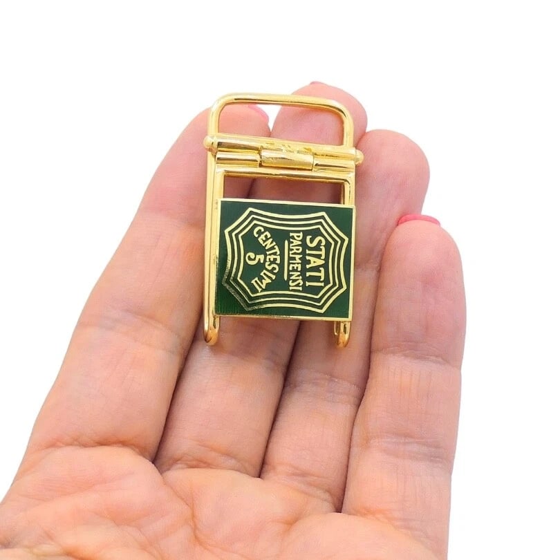 Vintage Belt Buckle Pendant 14k Gold Green Enamel - 3