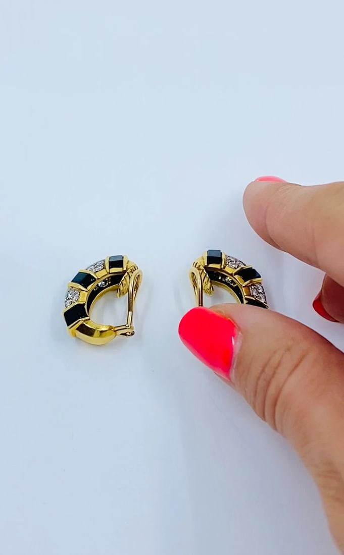 Tiffany & Co. 18k Gold Onyx Diamond Hoop Earrings - 2