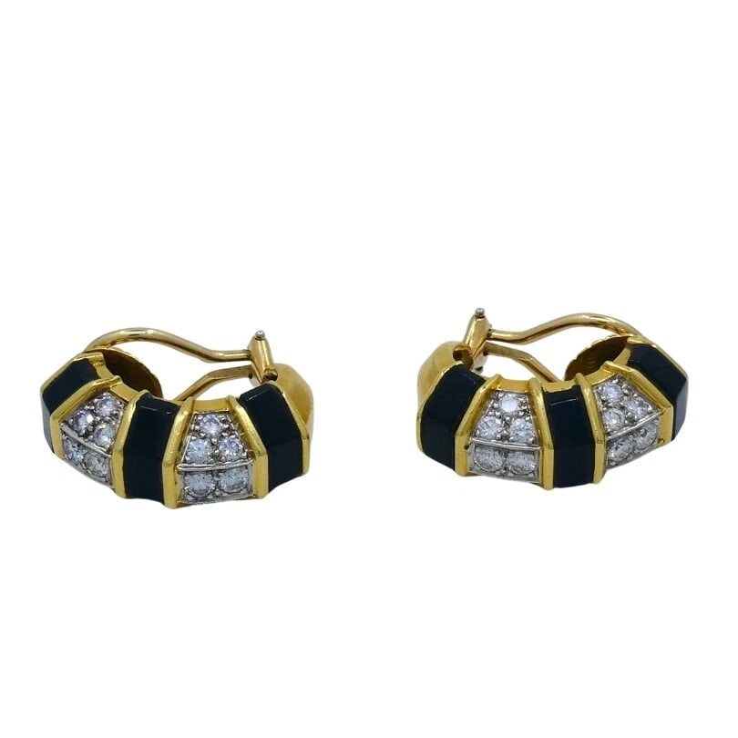 Tiffany & Co. 18k Gold Onyx Diamond Hoop Earrings - 5