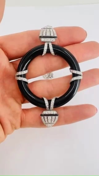 Art Deco Platinum Onyx PENDANT on Modern Gold Diamond Necklace NECKLACE - 2