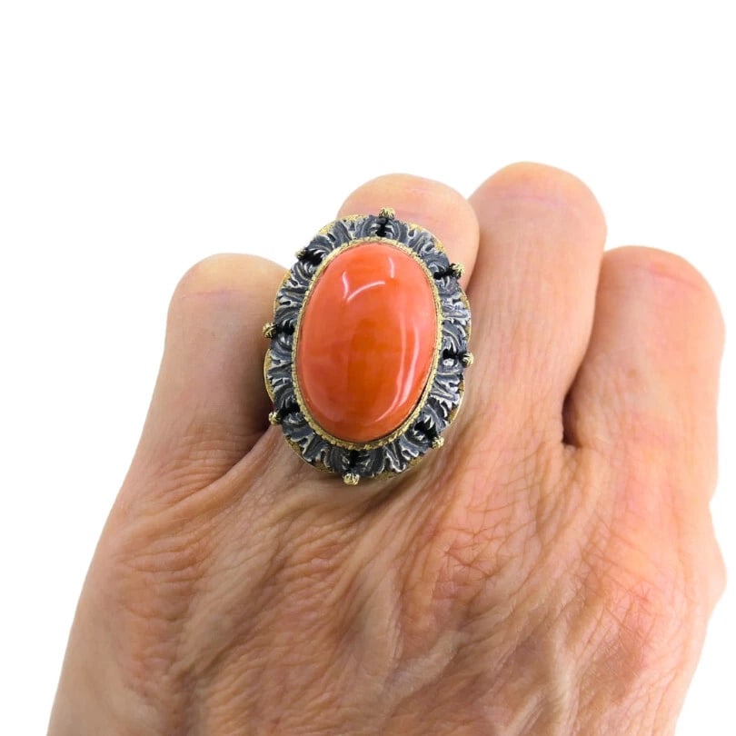 Mario Buccellati RING Vintage Coral Silver Gold Estate Jewelry - 3