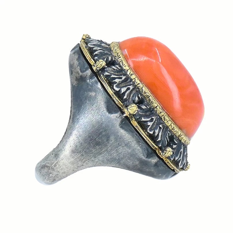 Mario Buccellati RING Vintage Coral Silver Gold Estate Jewelry - 6