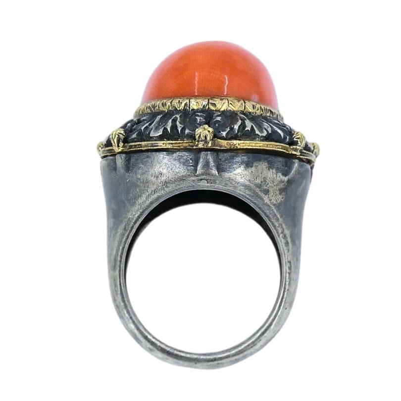 Mario Buccellati RING Vintage Coral Silver Gold Estate Jewelry - 7