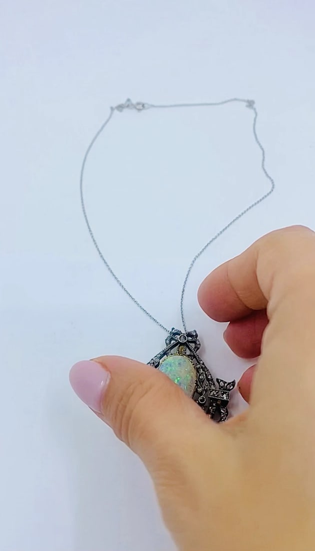 Vintage Opal Diamond Pendant 10k Gold Silver and 18k Gold Chain - 2