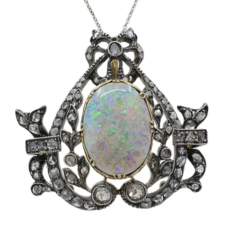 Vintage Opal Diamond Pendant 10k Gold Silver and 18k Gold Chain - 4