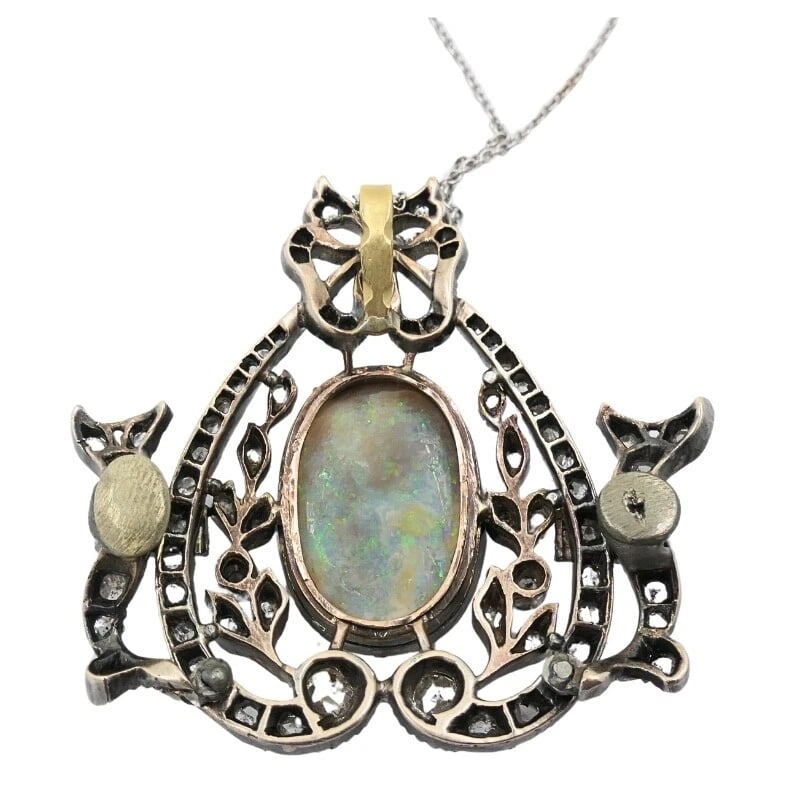 Vintage Opal Diamond Pendant 10k Gold Silver and 18k Gold Chain - 7