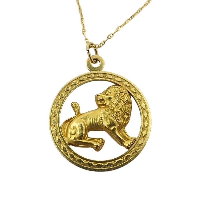 Vintage Leo Zodiac 18k Gold Pendant 14k Gold Chain Necklace - 5