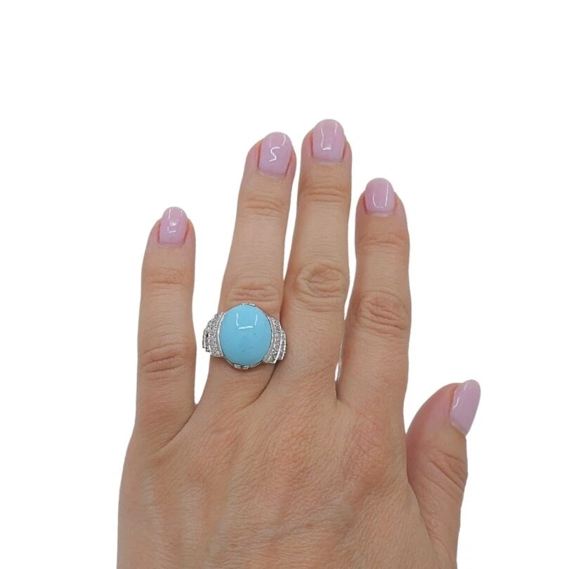 French Turquoise Ring Diamond 18k White Gold - 3