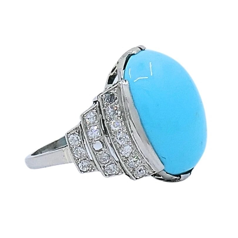 French Turquoise Ring Diamond 18k White Gold - 4