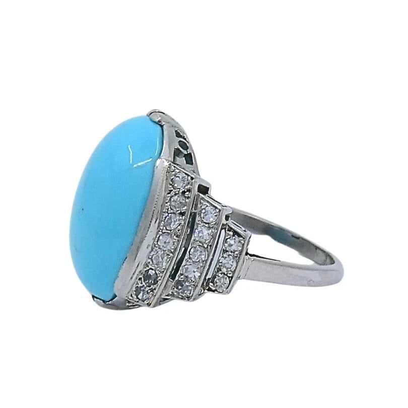 French Turquoise Ring Diamond 18k White Gold - 5
