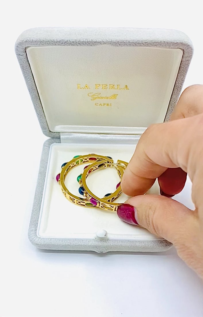 La Perla Hoop Earrings 18k Gold Gemstone Cabochons Diamond - 2