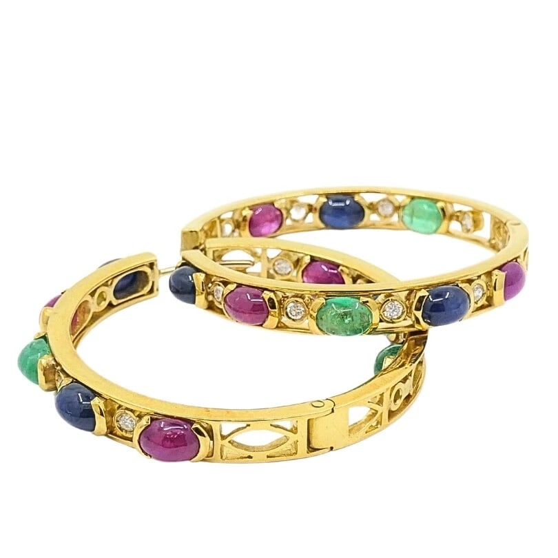 La Perla Hoop Earrings 18k Gold Gemstone Cabochons Diamond - 7