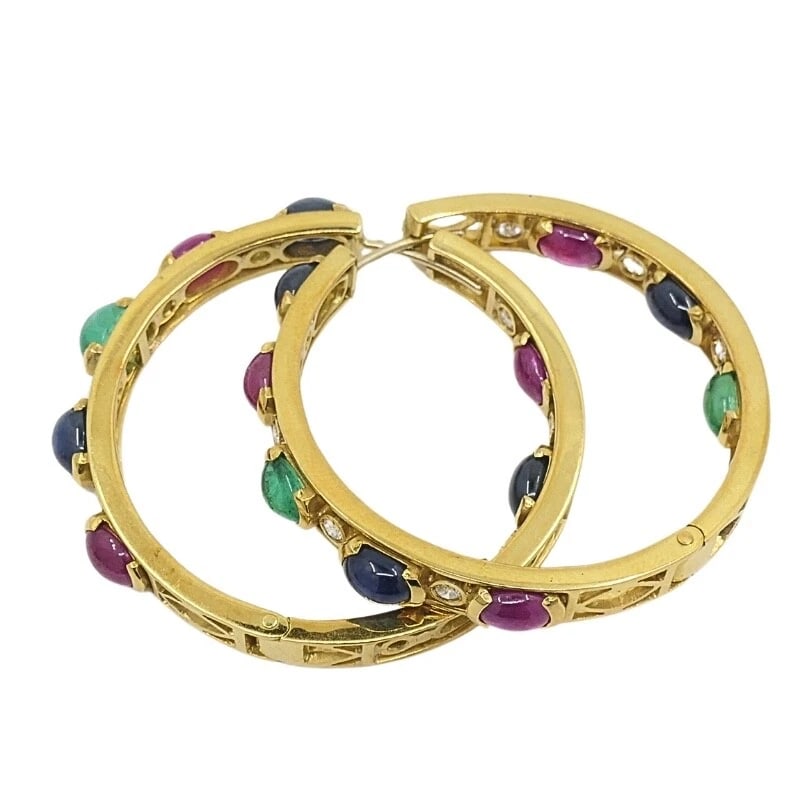 La Perla Hoop Earrings 18k Gold Gemstone Cabochons Diamond - 8