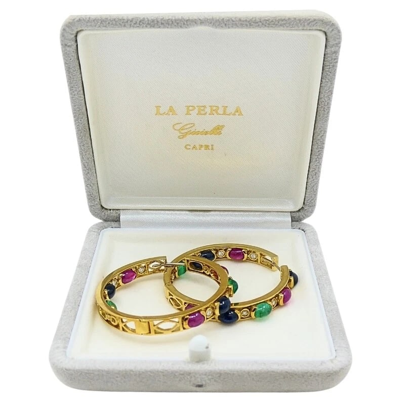 La Perla Hoop Earrings 18k Gold Gemstone Cabochons Diamond - 9