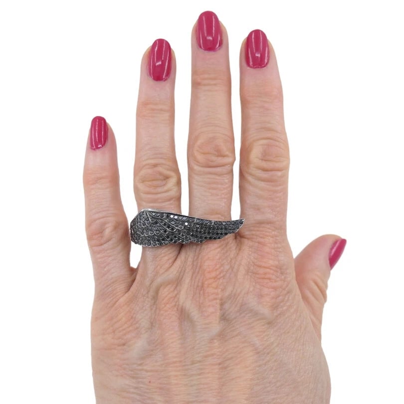 Vintage GARRARD Black Diamond Wing RING 18k Gold - 4