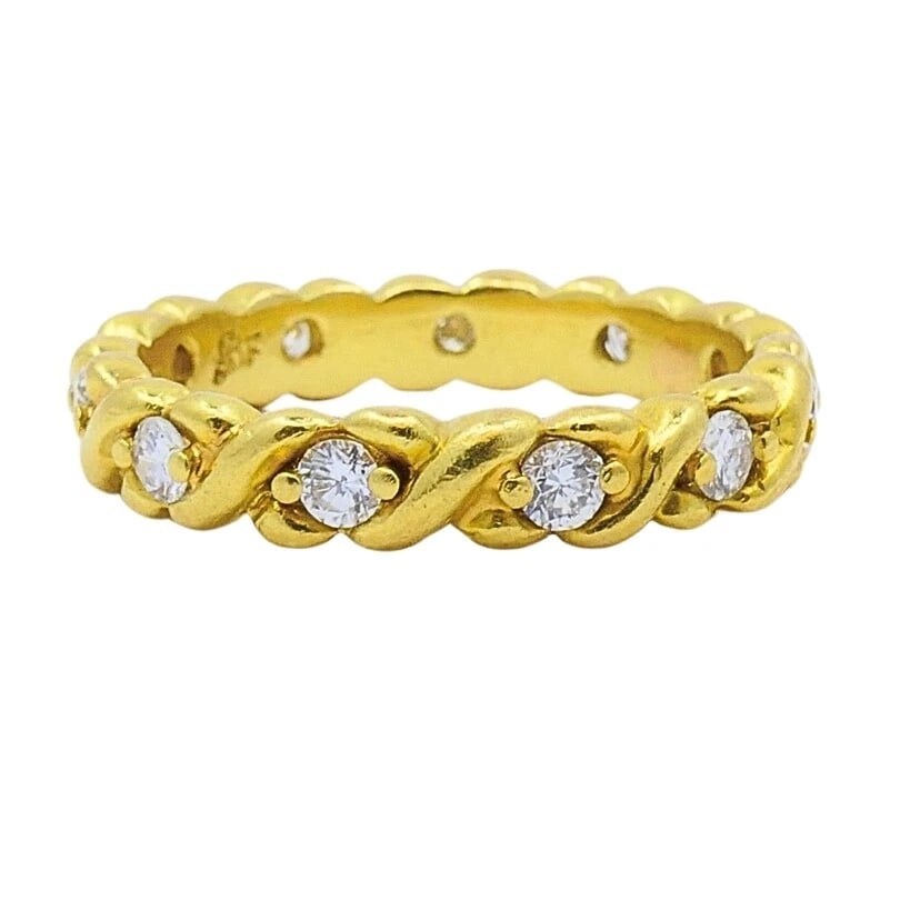 18k Gold Eternity Ring Diamond Band: Title: 18k Gold Eternity Ring Diamond Band Description: Product details: CRCA: Late 20th Century MATERALS: 18k old EMSTONE: Diamond WEHT: 4.9 rams MEASREMENTS: 1/8" Width RN SZE: 7 HALLMARKS: