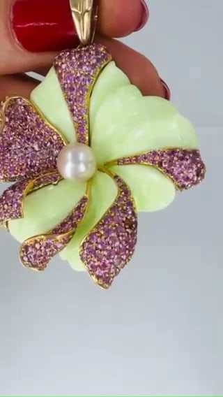 CARVIN FRENCH Chrysoprase Pink Sapphire Pearl Flower PENDANT 18k Gold - 2