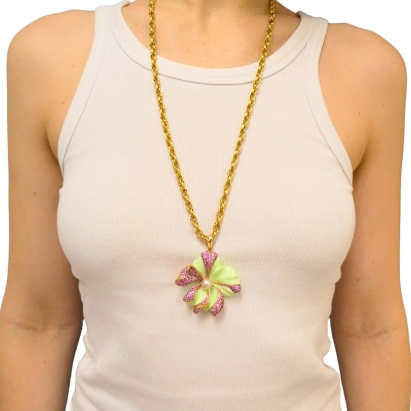 CARVIN FRENCH Chrysoprase Pink Sapphire Pearl Flower PENDANT 18k Gold - 3